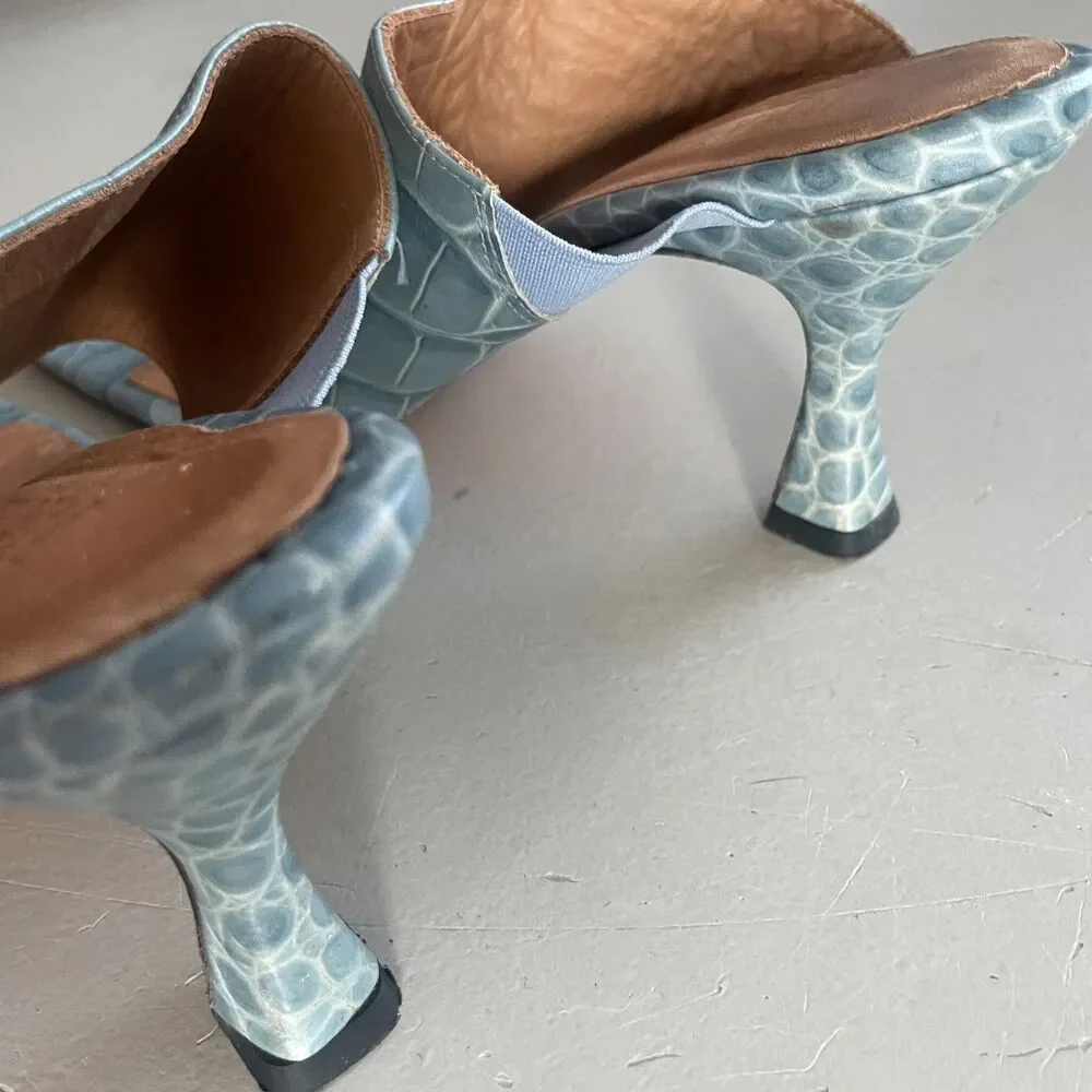 TORAL Animal Print Croc Embossed Leather T Bar Heeled Sandals Blue 40